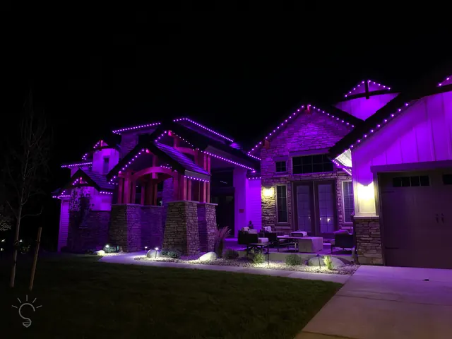 Gemstone permanent roofline lights in holiday colors on a Colorado home (photo 16 of 136)