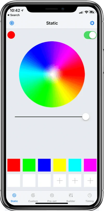 Gemstone Lights app showing the color wheel and brightness slider