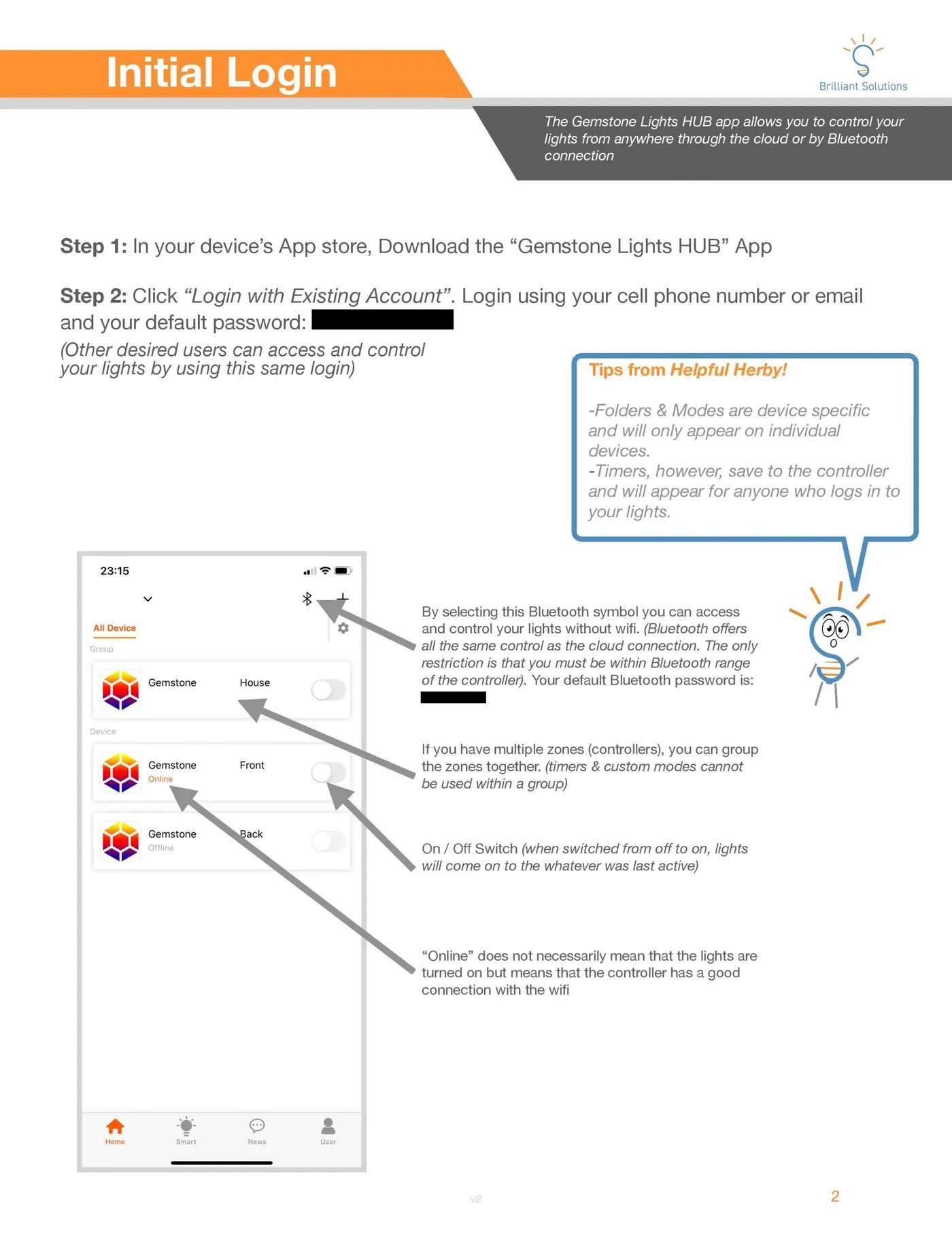 Gemstone Lights HUB app manual: Initial login